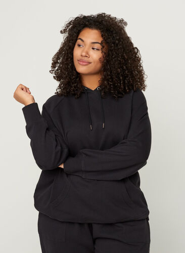 Cotton sweatshirt with a hood and pocket, Black, Model image number 0