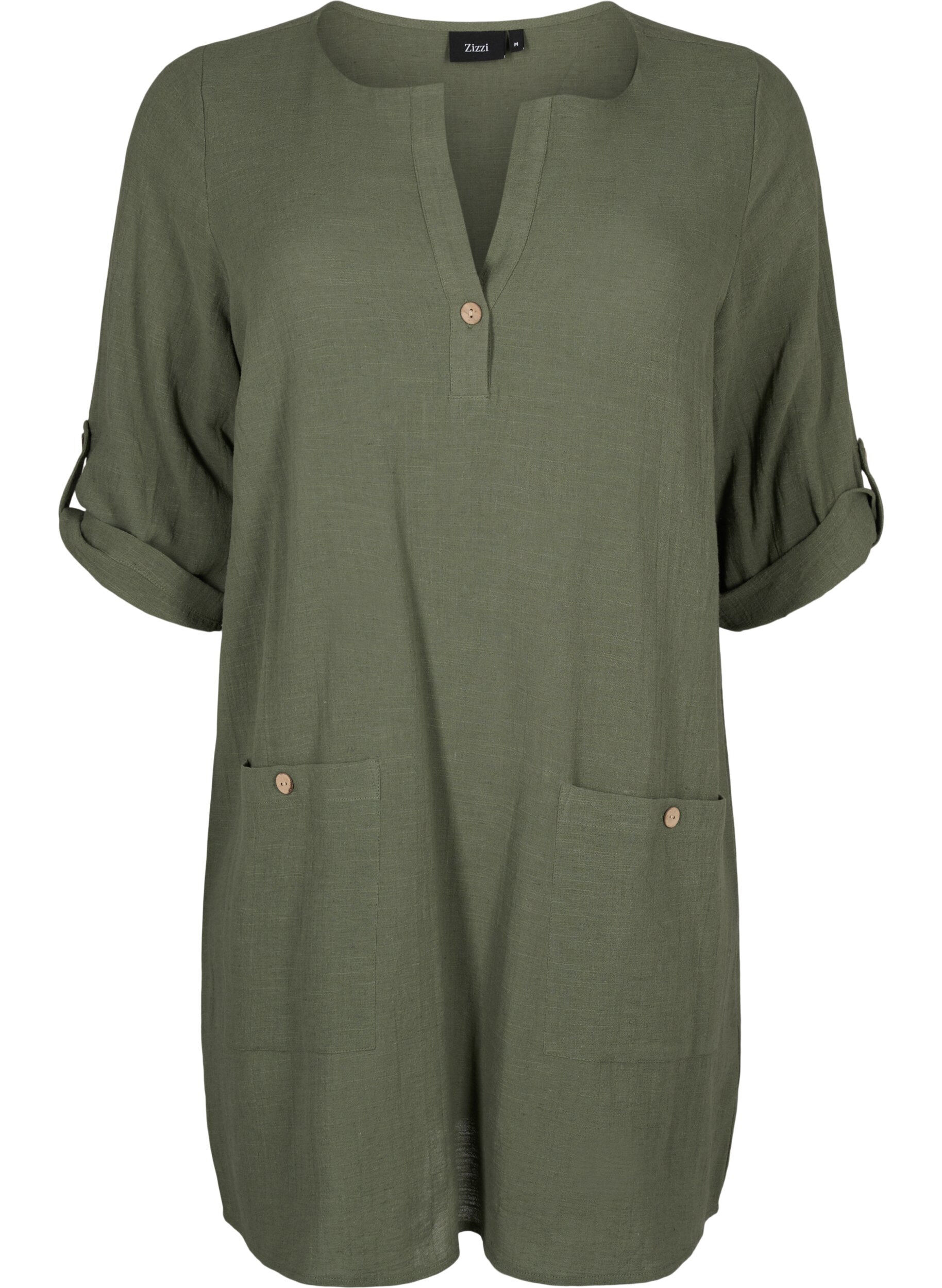 Zizzifashion 3/4 sleeve cotton blend tunic with linen, Thyme, Packshot image number 0