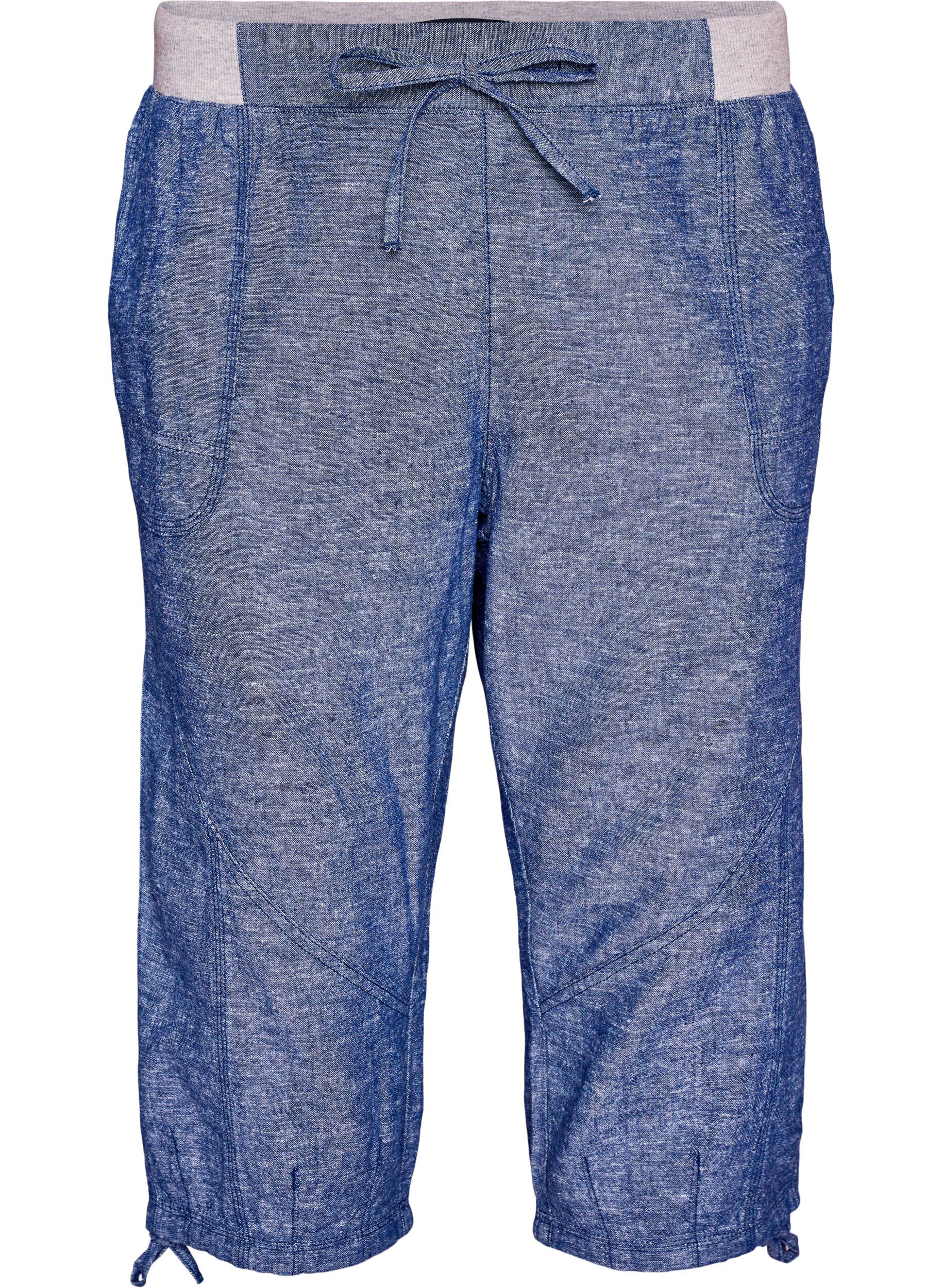 Zizzifashion Cotton and linen Capri trousers with an elasticated waist and tie-string, Blue, Packshot image number 0