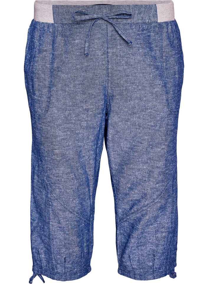 Cotton and linen Capri trousers with an elasticated waist and tie-string, Blue, Packshot image number 0