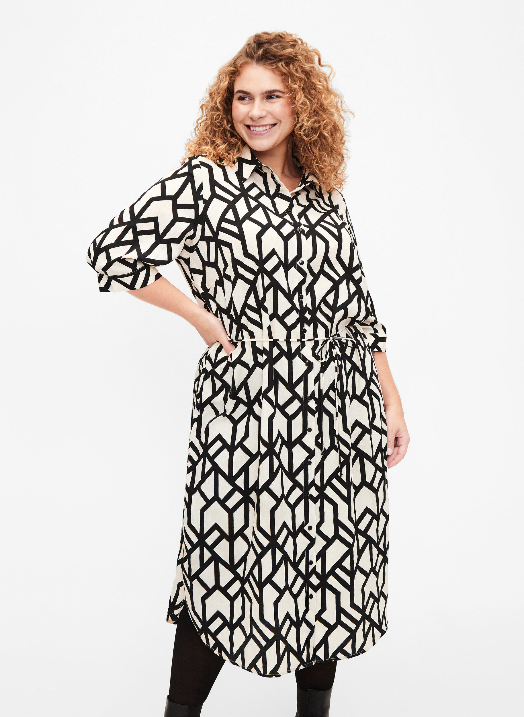 Zizzifashion FLASH - Shirt dress with print, Birch Black Graphic, Model image number 0