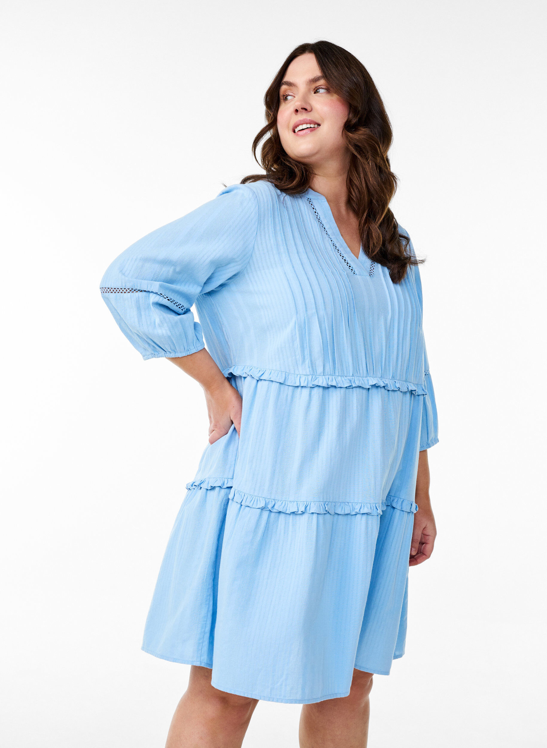 3/4 sleeve cotton dress with ruffles, Light Blue, Model