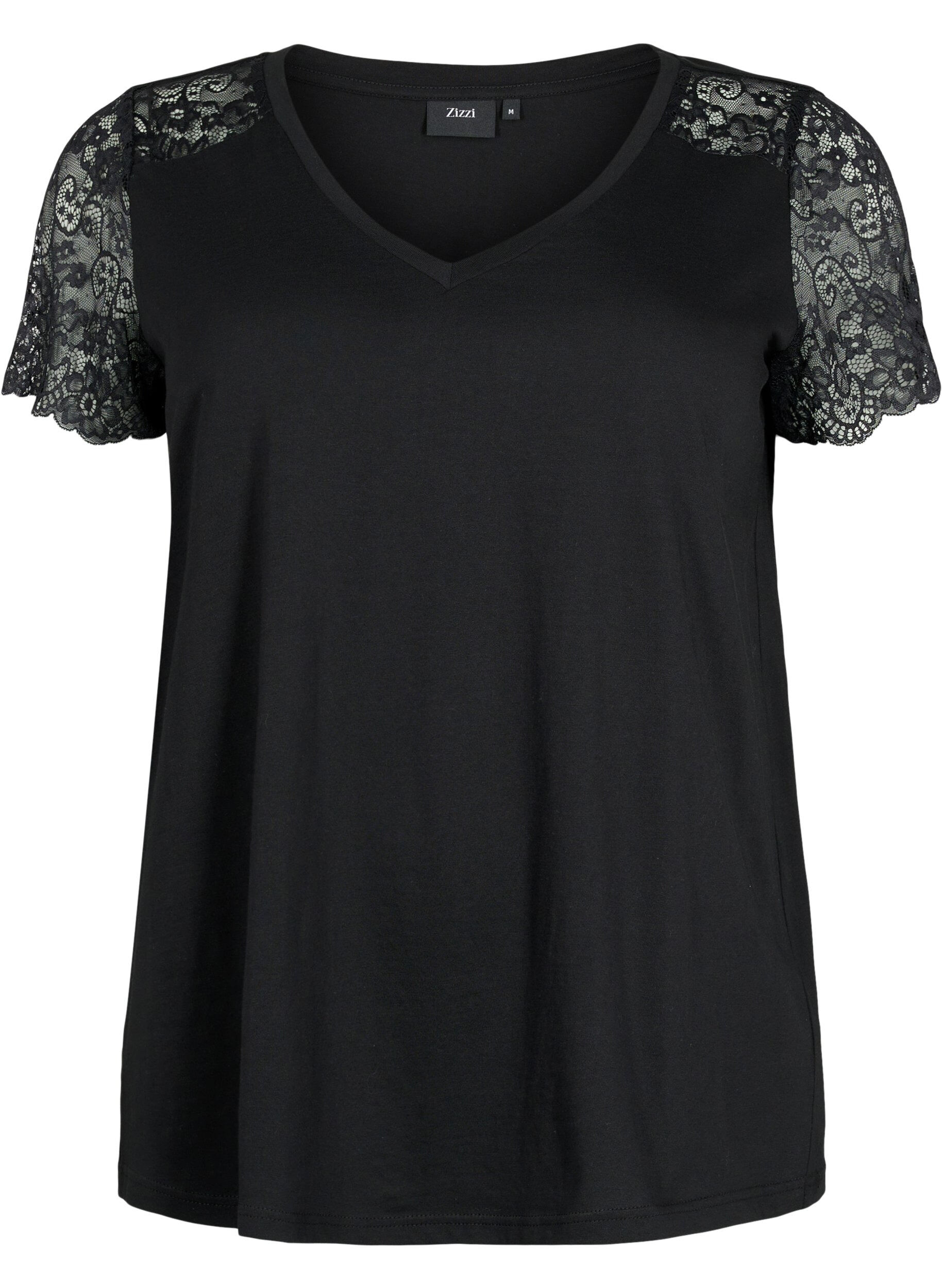 Zizzifashion Cotton t-shirt with short lace sleeves, Black, Packshot image number 0