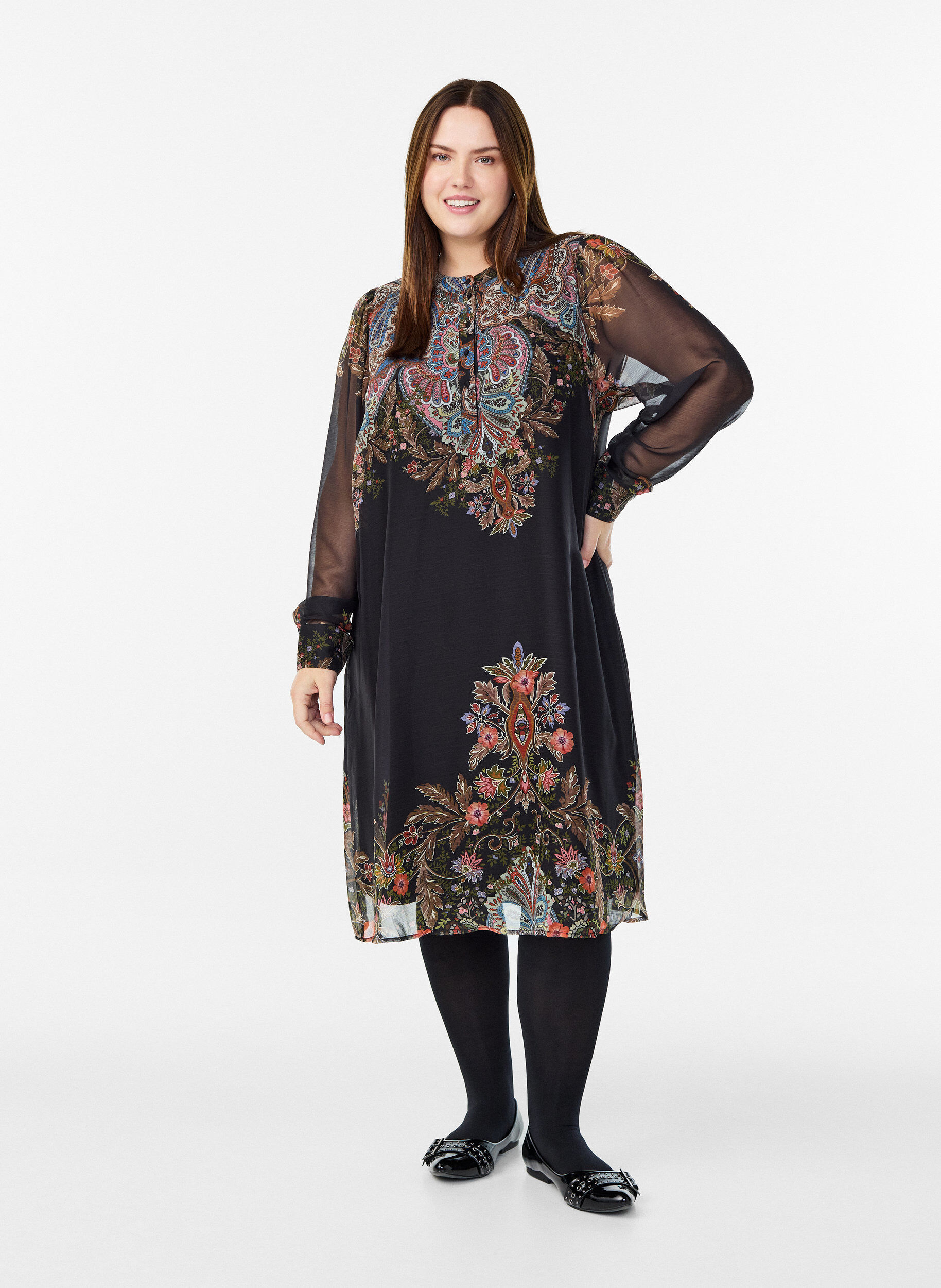 Zizzifashion Midi dress with paisley details and long sleeves, Black, Model image number 1