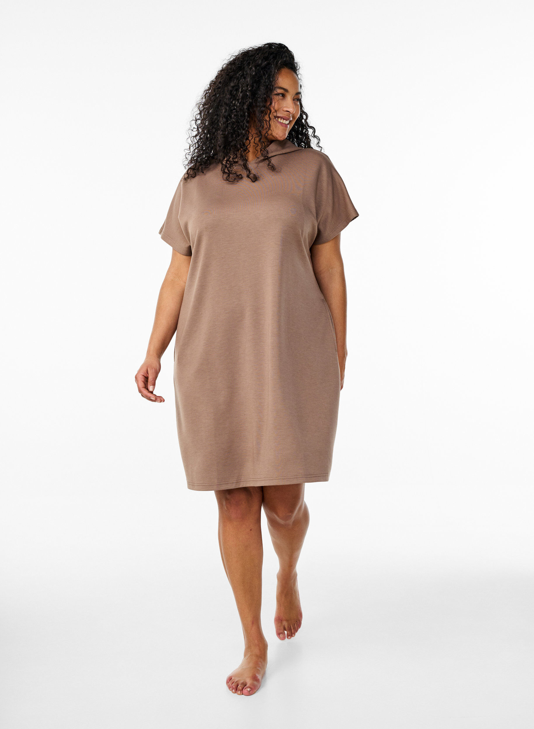Zizzifashion Short sleeve sweat dress in modal mix, Brown, Model image number 1