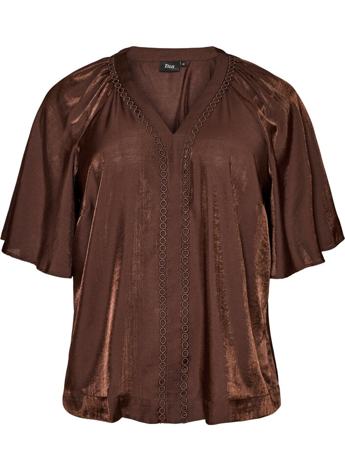 Viscose blouse with V-neck and decorative details, Brown, Packshot image number 0