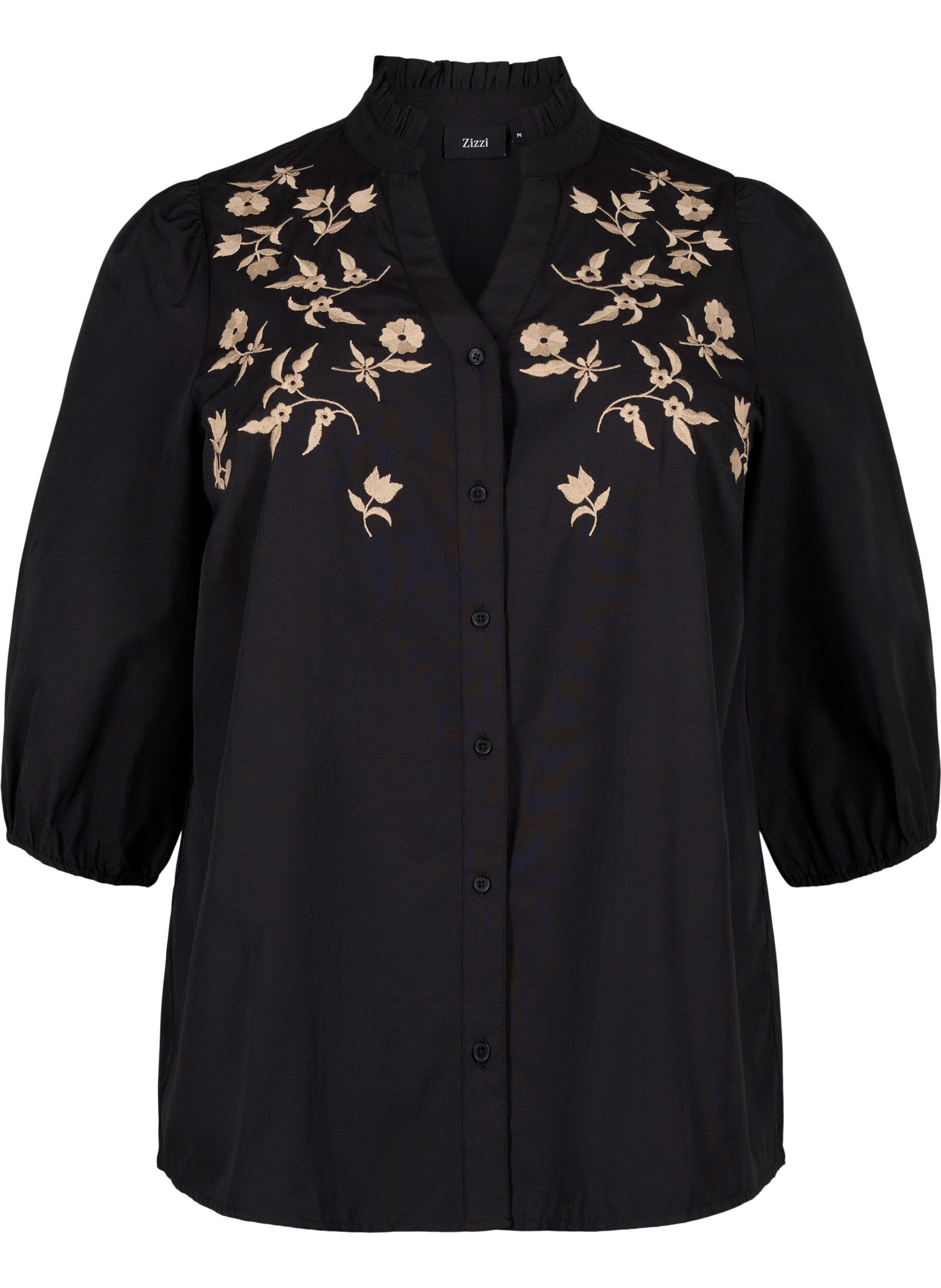 Zizzifashion Shirt blouse with embroidered flowers and 3/4 sleeves, Black W. Beige Emb. , Packshot image number 0