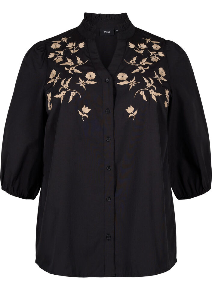 Shirt blouse with embroidered flowers and 3/4 sleeves, Black W. Beige Emb. , Packshot image number 0
