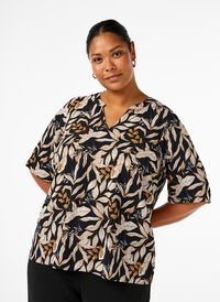 V-neck blouse with leaf print, Black Leaf AOP, Model