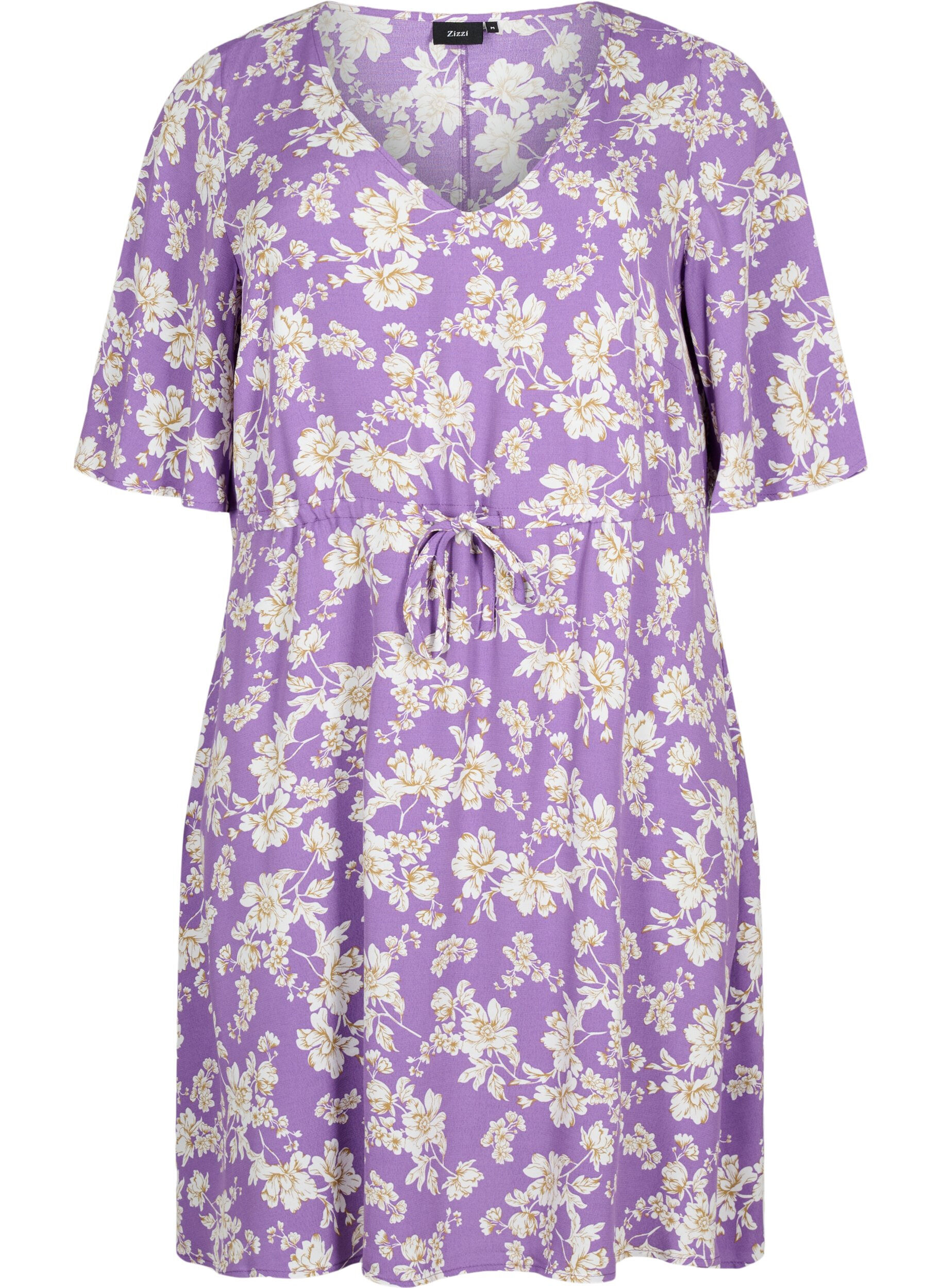 Zizzifashion Dress with 1/2 sleeves and floral print in viscose, Purple Flower AOP, Packshot image number 0