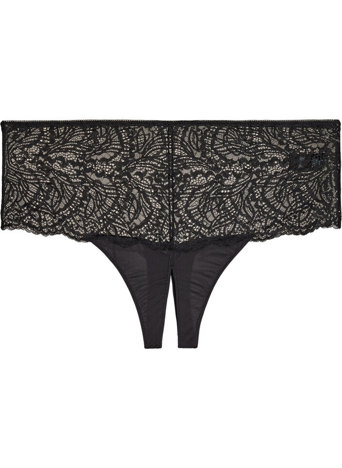 Crotchless hipster thong with lace and high waist, Black, Packshot image number 0