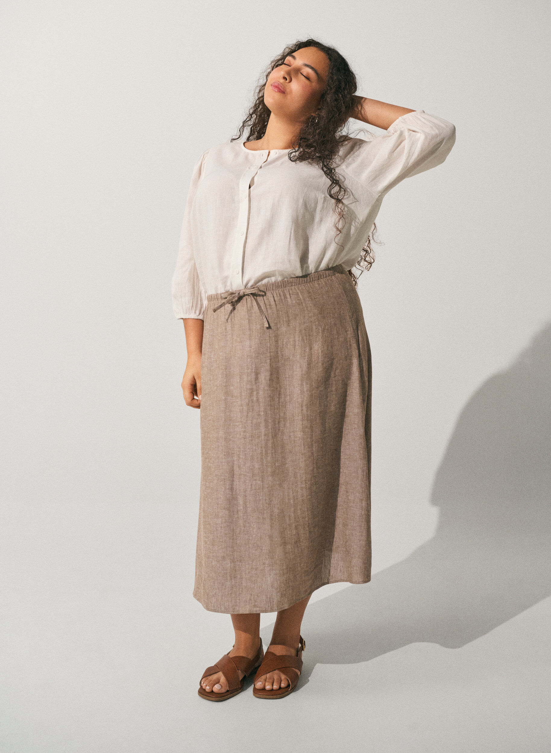 Zizzifashion A-line midi skirt in linen and viscose, Brown, Image image number 0