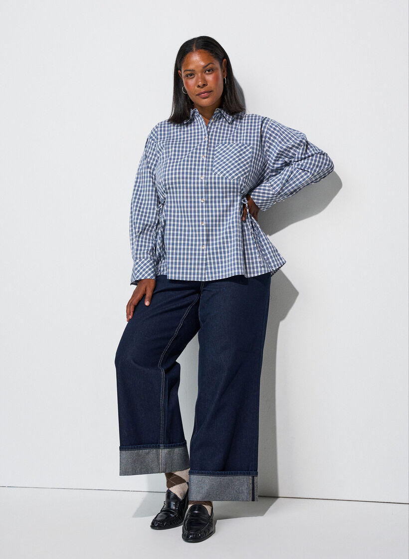Loose checked shirt with a tie-belt, Blue, Model image number 1