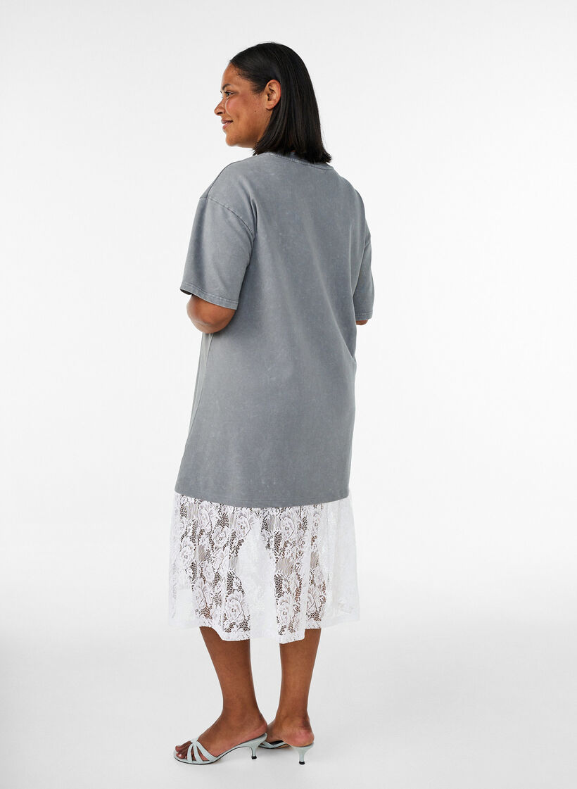 Loose T-shirt dress with lace trim, Grey, Model image number 1