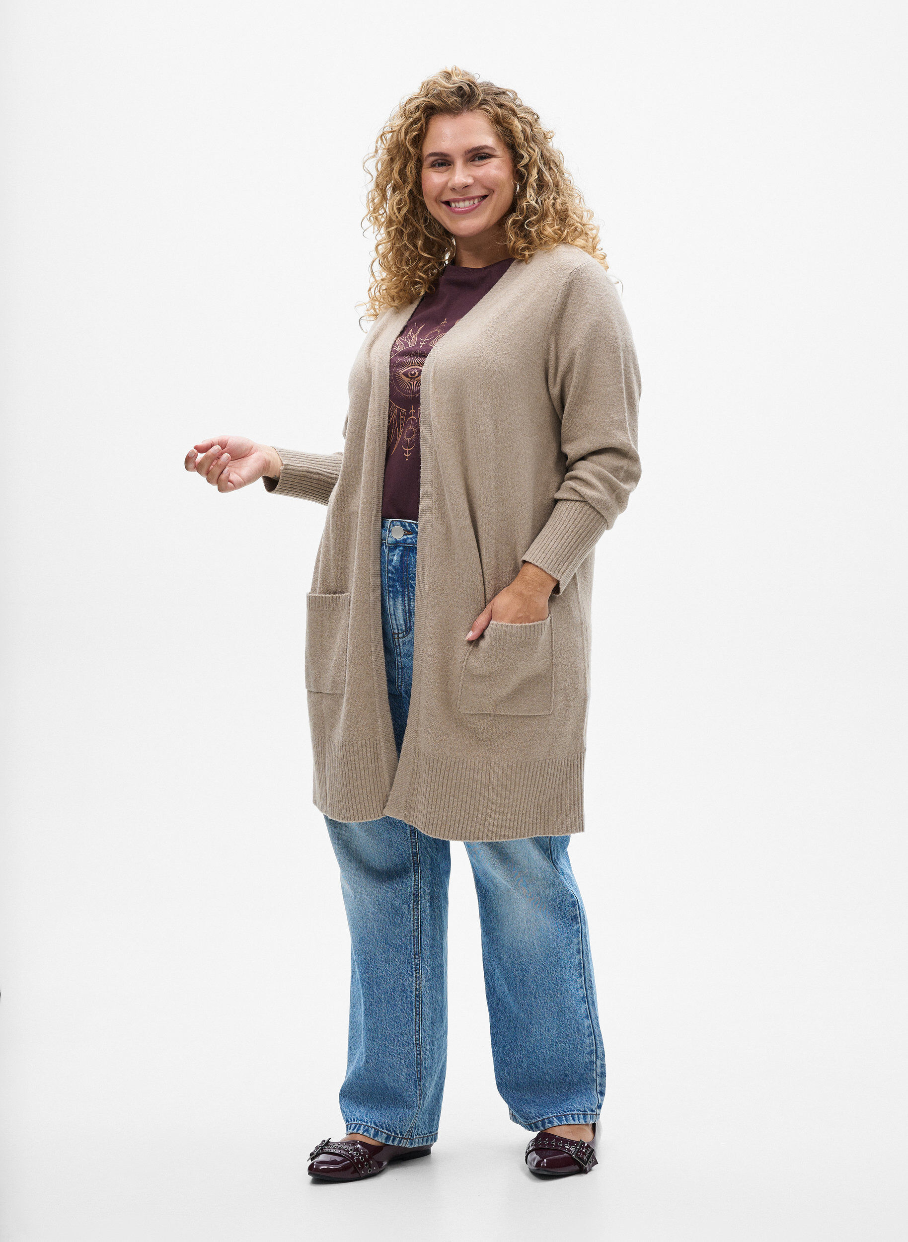 Zizzifashion Ribbed Knit Cardigan with Pockets, Beige, Model image number 1