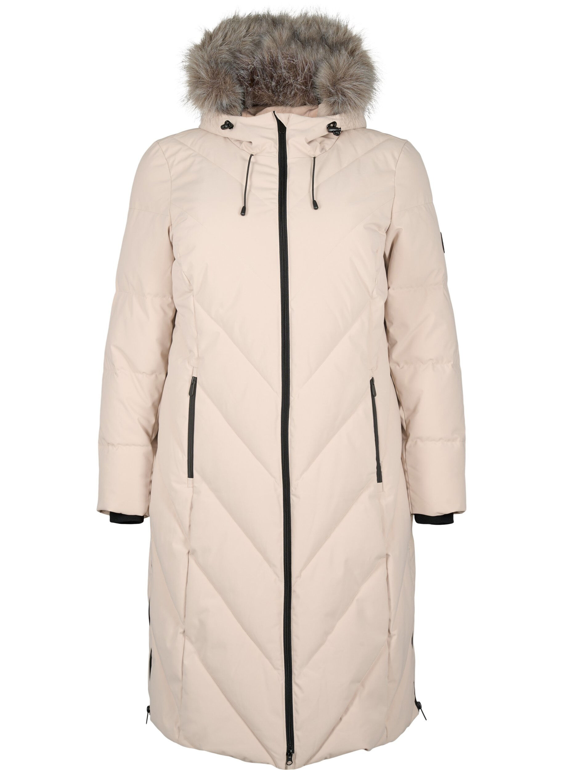 ZizzifashionLong winter coat with hook fastenings and a faux fur collar, Beige, Packshot image number 0
