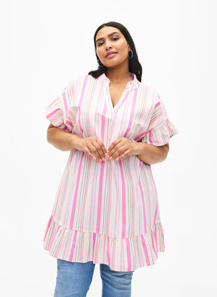 Striped cotton tunic, Eggnog Multi Stripe, Model image number 0