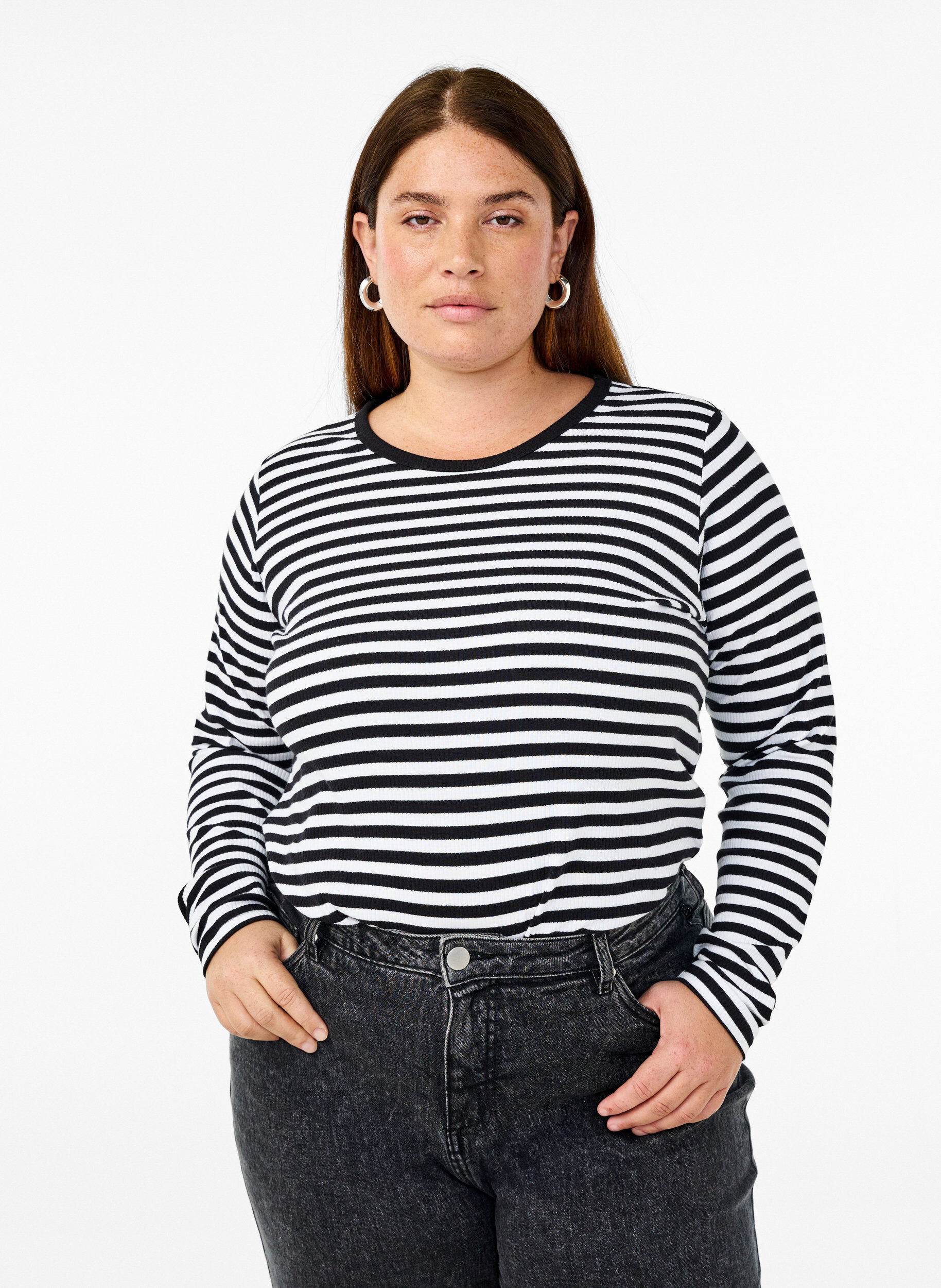 Striped blouse with long sleeves, Black, Model