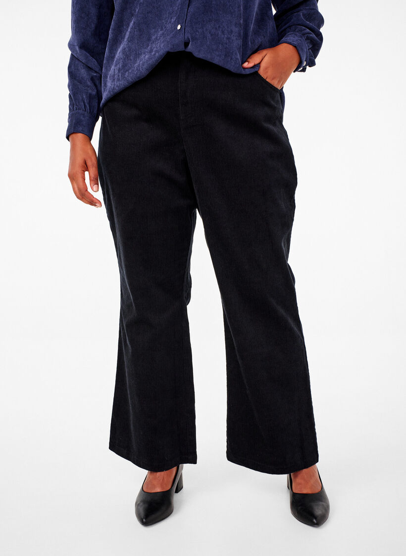 Bootcut corduroy pants with a high waist, Black, Model image number 2
