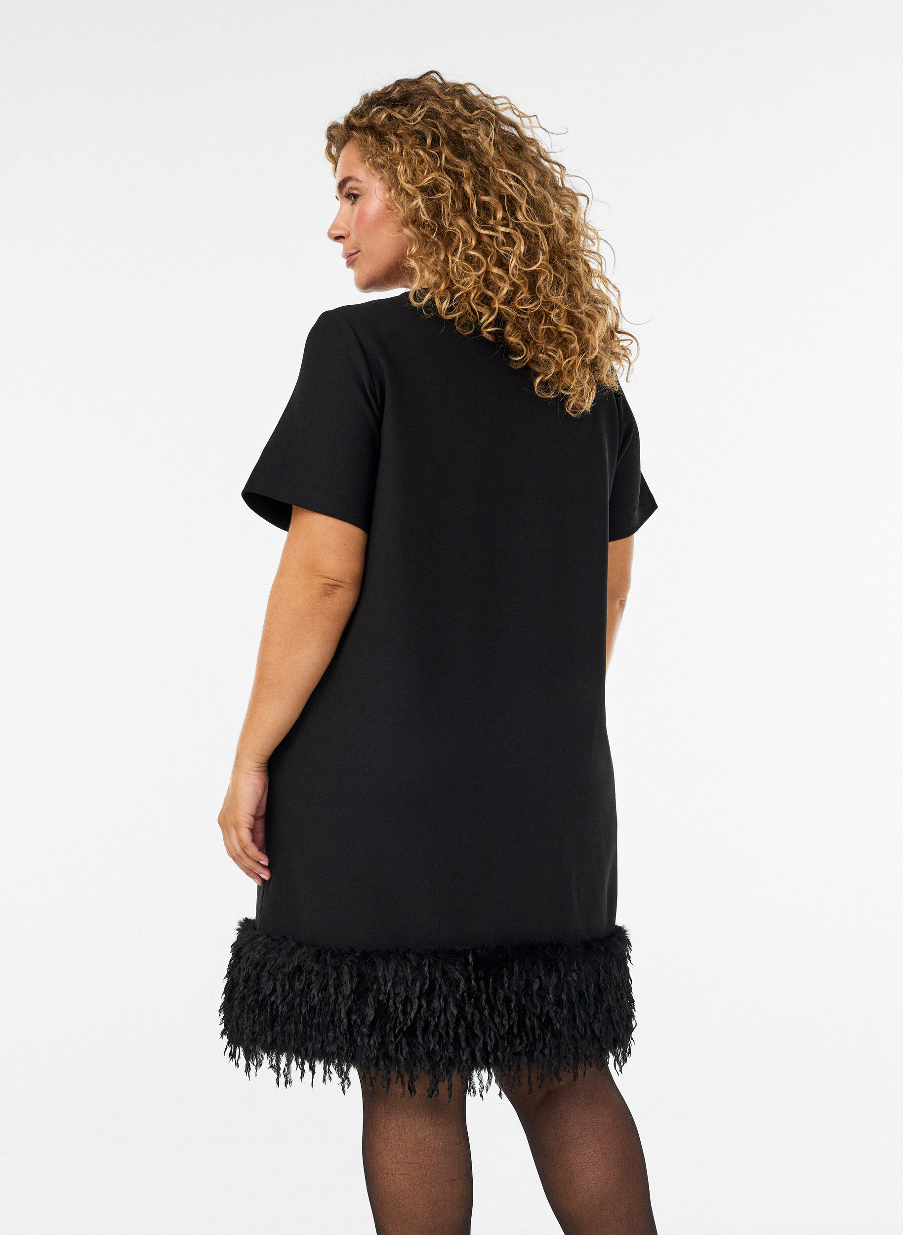 ZizzifashionShort jersey dress with feather trim, Black, Model image number 2