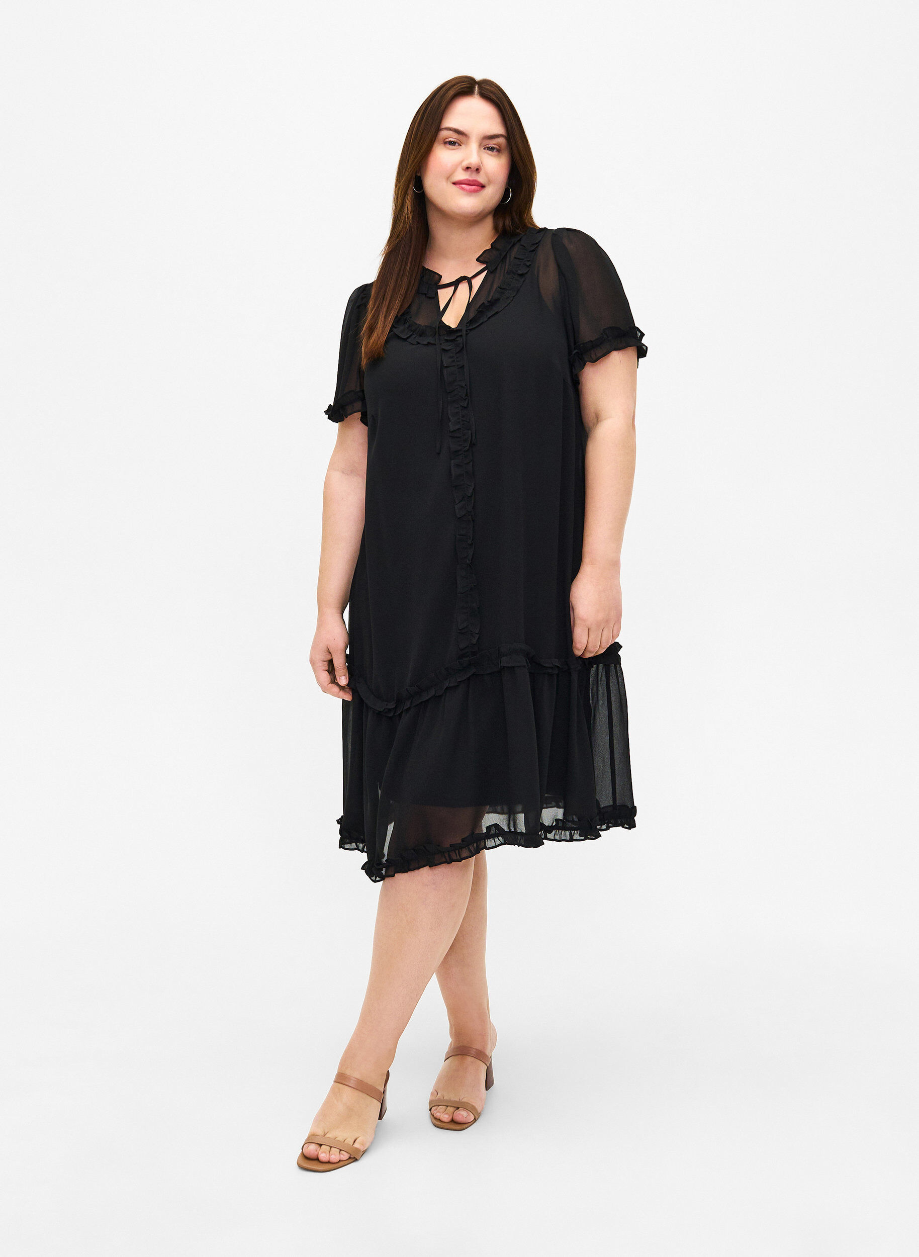 Zizzifashion Chiffon dress with A-cut and ruffle details, Black, Model image number 2