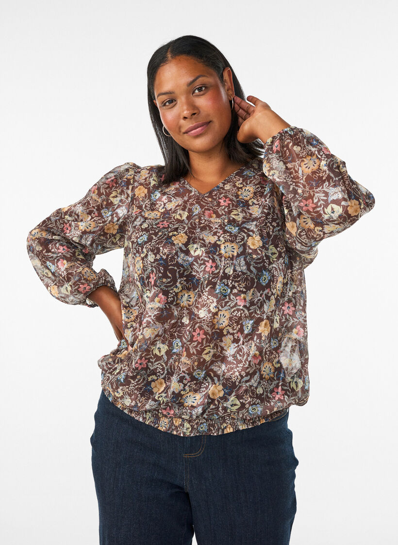 Blouse with floral print and balloon sleeves, Brown, Model image number 0