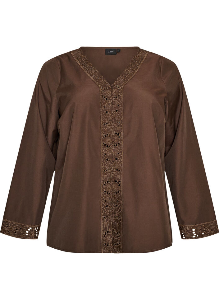 Shirt blouse with broderie anglaise, Brown, Packshot image number 0