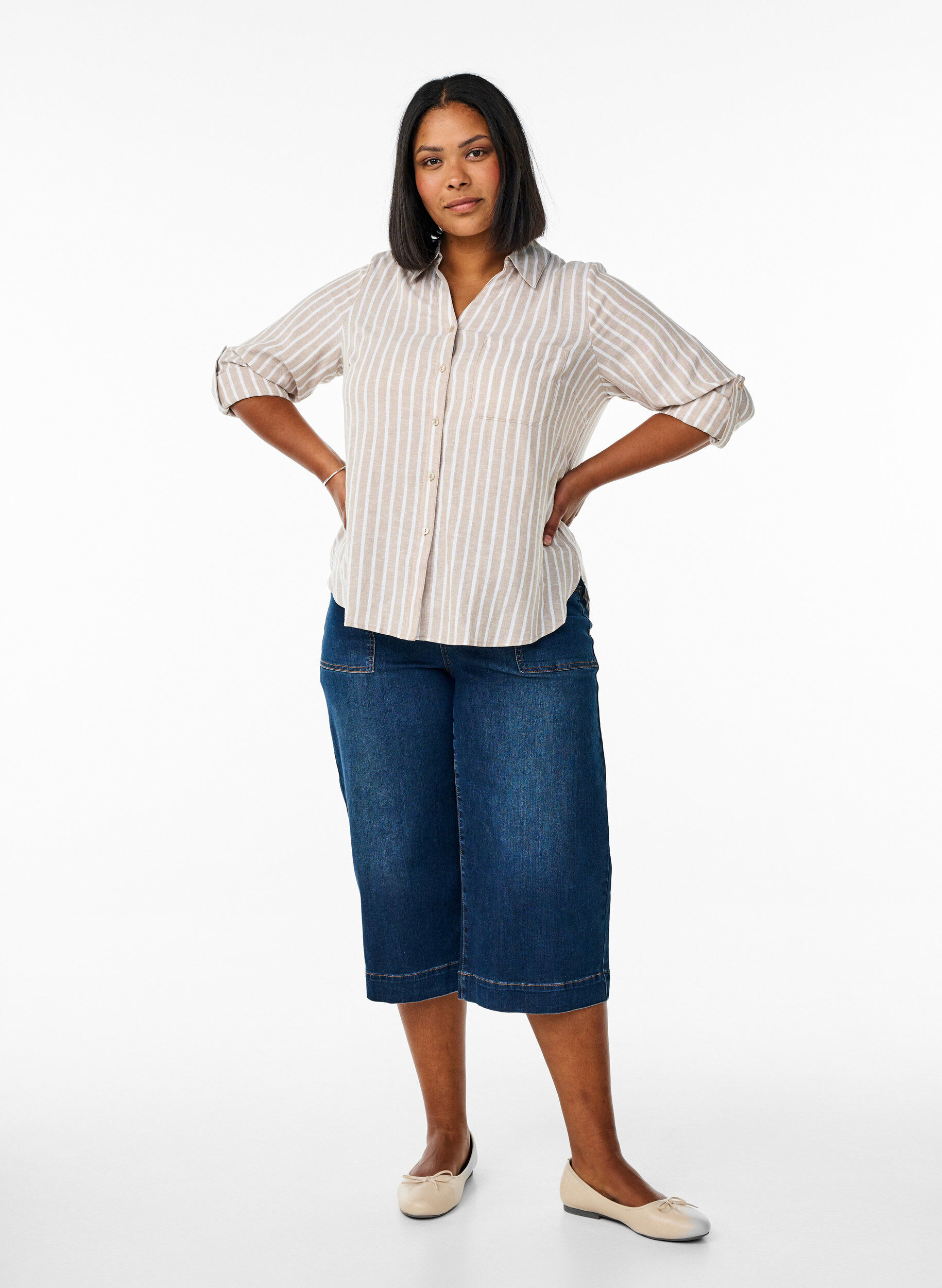 Zizzifashion Shirt in linen and viscose with 3/4 sleeves, Beige, Model image number 1