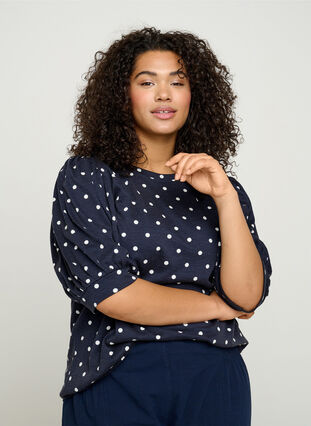 Dotted t-shirt with puff sleeves, NS w. White Dots, Model image number 0