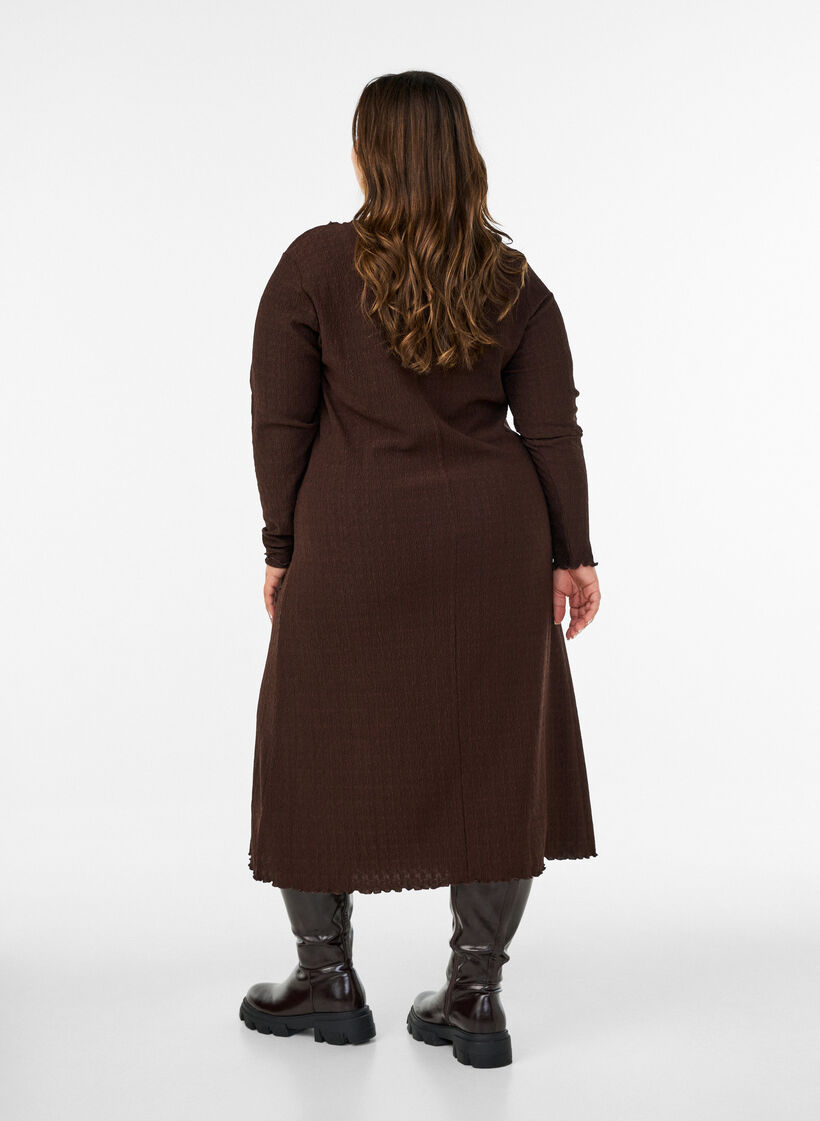 Midi dress with a wavy texture and long sleeves, Brown, Model image number 2