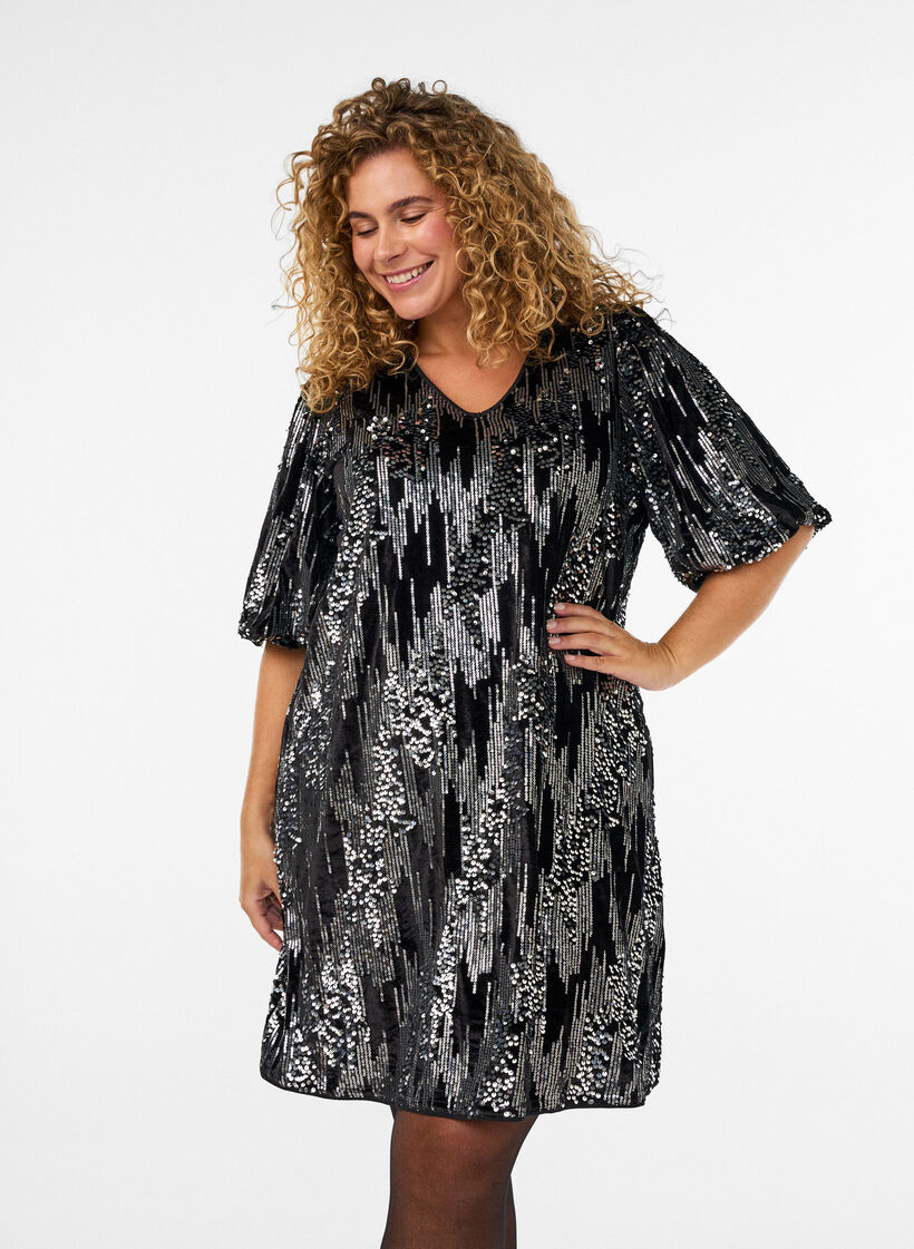 Short sequin dress with balloon sleeves, Black, Model image number 2