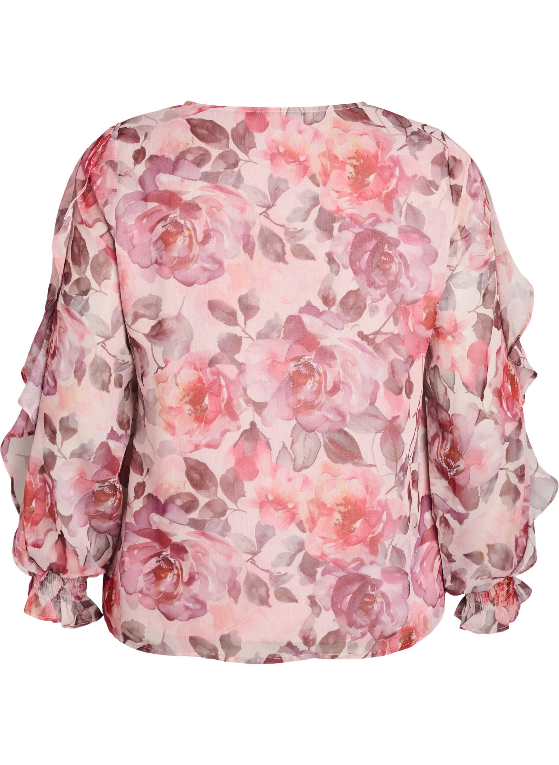 Zizzifashion Floral blouse with a V-neck and ruffle sleeves, Rose, Packshot image number 1