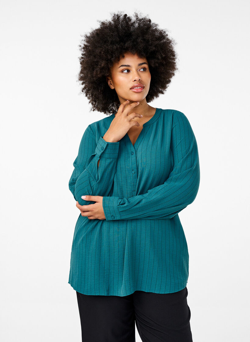 Pinstripe shirt blouse, Green, Model image number 0
