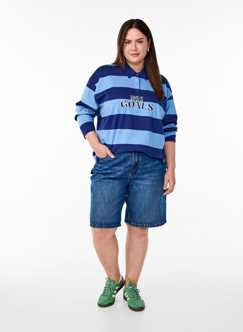 Striped polo shirt with embroidered text, Light Blue, Model image number 1