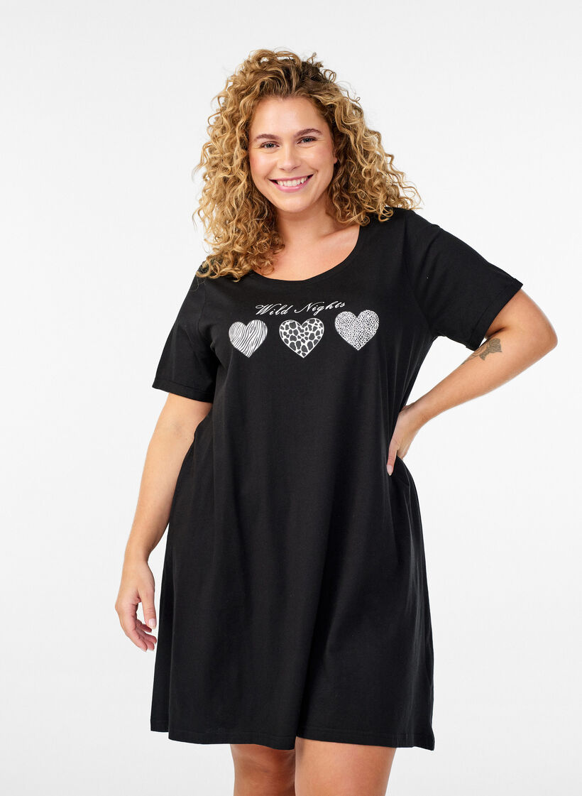 Short-sleeved nightgown in organic cotton, Black, Model image number 0