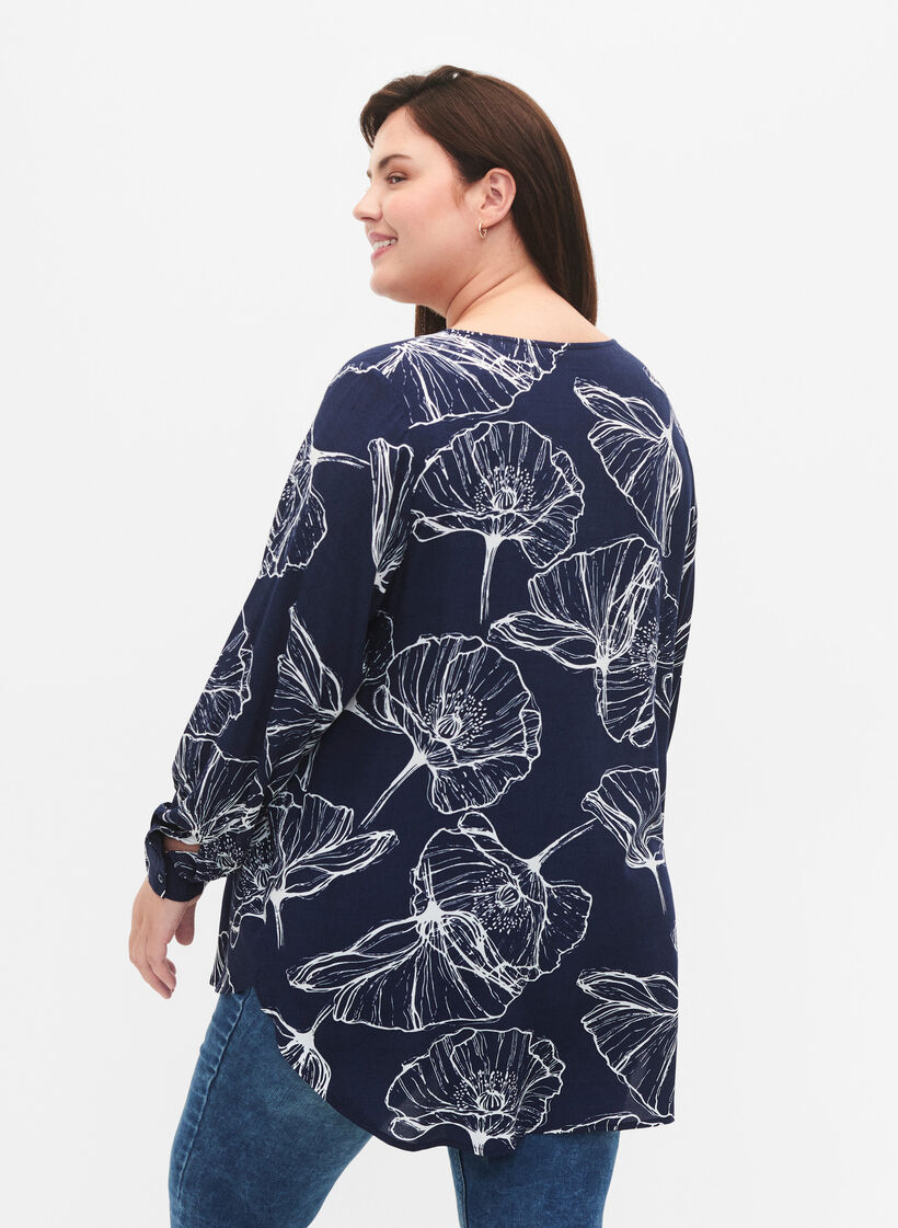 Floral print viscose shirt with long sleeves, Navy B./Big Fl.AOP, Model image number 1