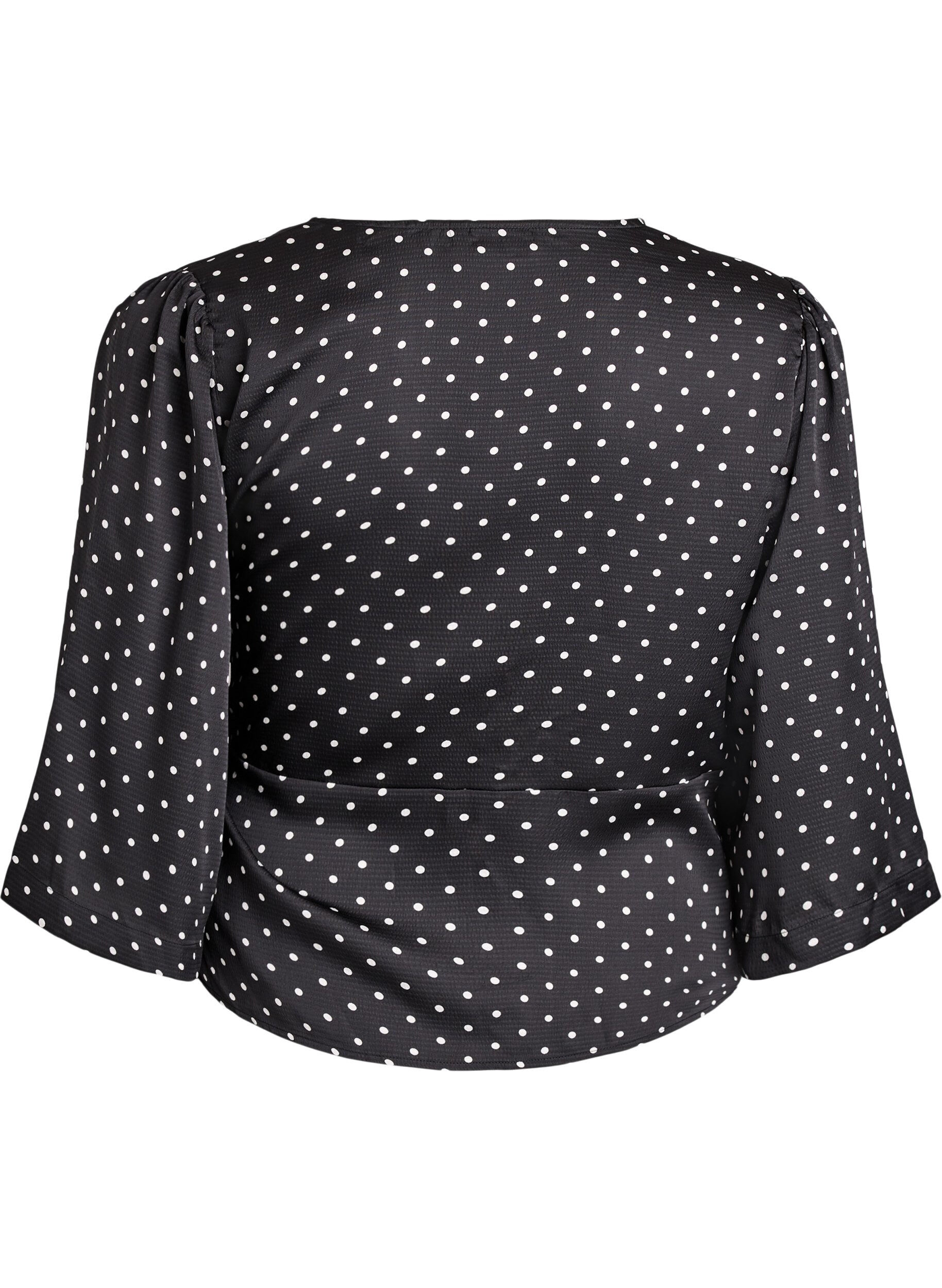 Zizzifashion Polka dot blouse with tie-fastening and 3/4-sleeves, Black, Packshot image number 1