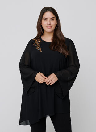 Tunic with an asymmetric hem and sequins, Black, Model image number 0