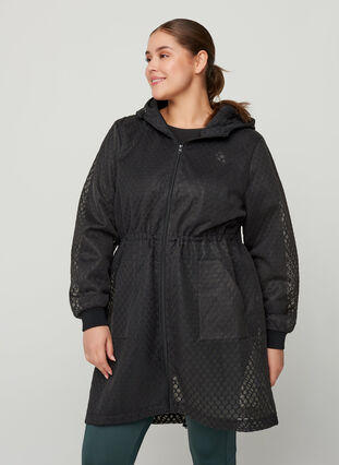 Mesh jacket with zip and hood, Black, Model image number 0