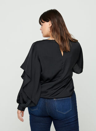 Long-sleeved blouse with a round neck, Black, Model image number 1