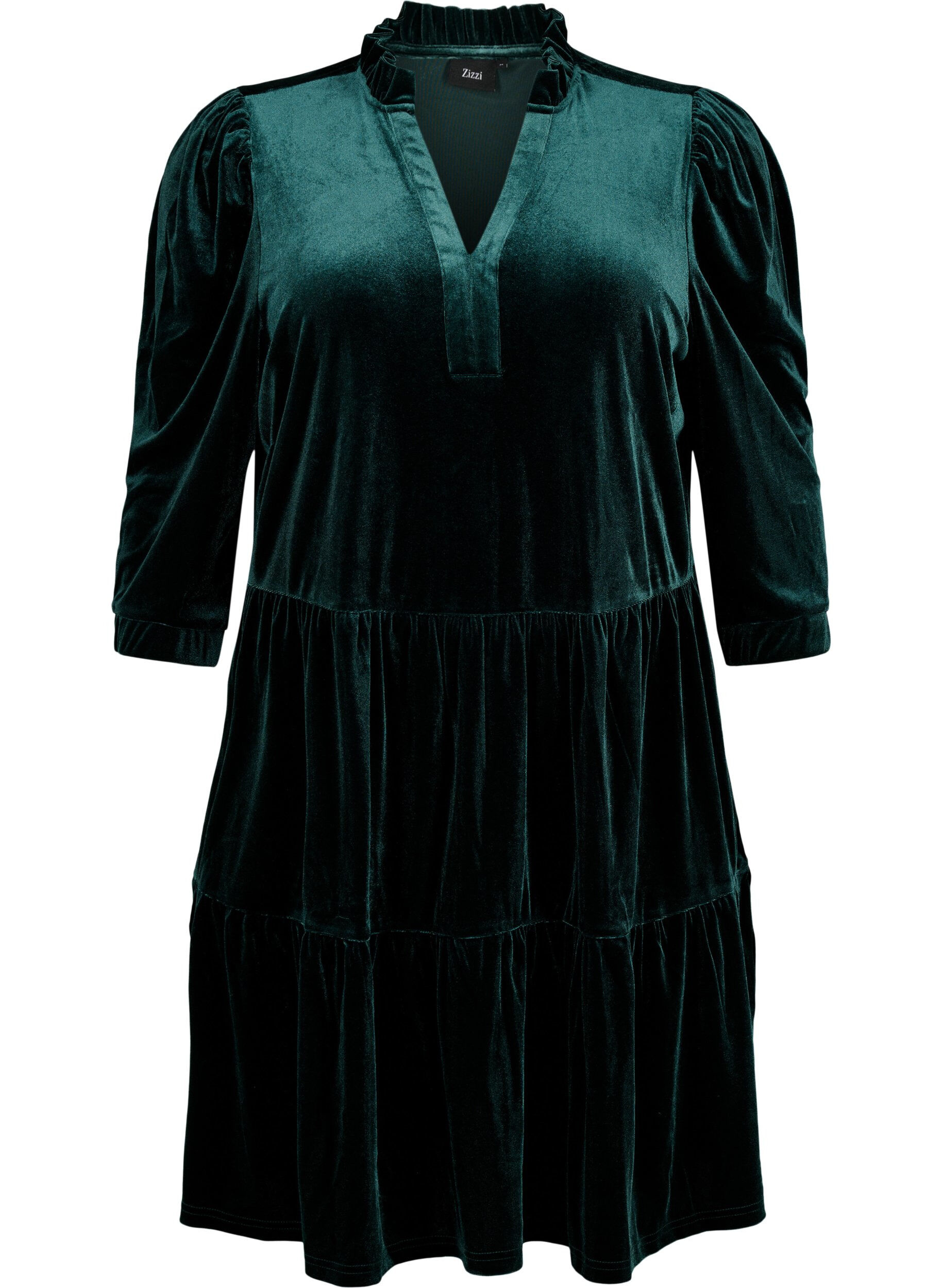 Zizzifashion Velour dress with ruffle collar and 3/4 sleeves, Scarab, Packshot image number 0
