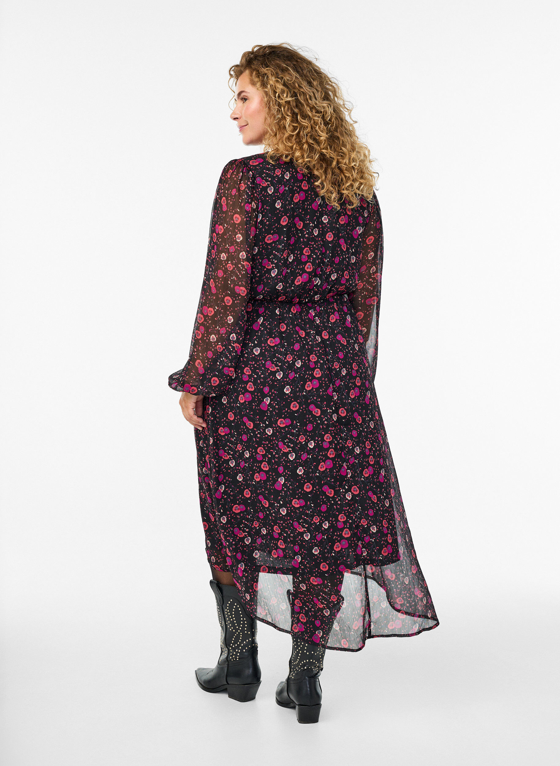 ZizzifashionChiffon dress with floral print and long sleeves, Black, Model image number 1