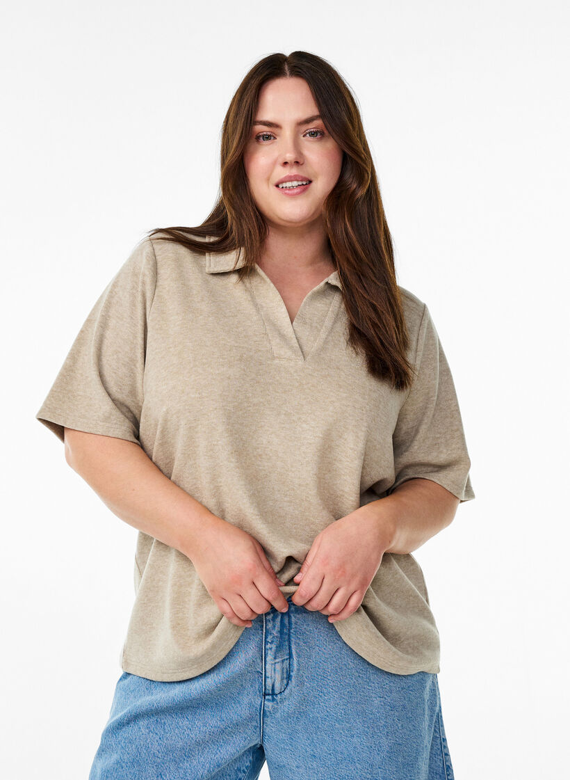 Jersey blouse with collar and short sleeves, Brown, Model image number 0