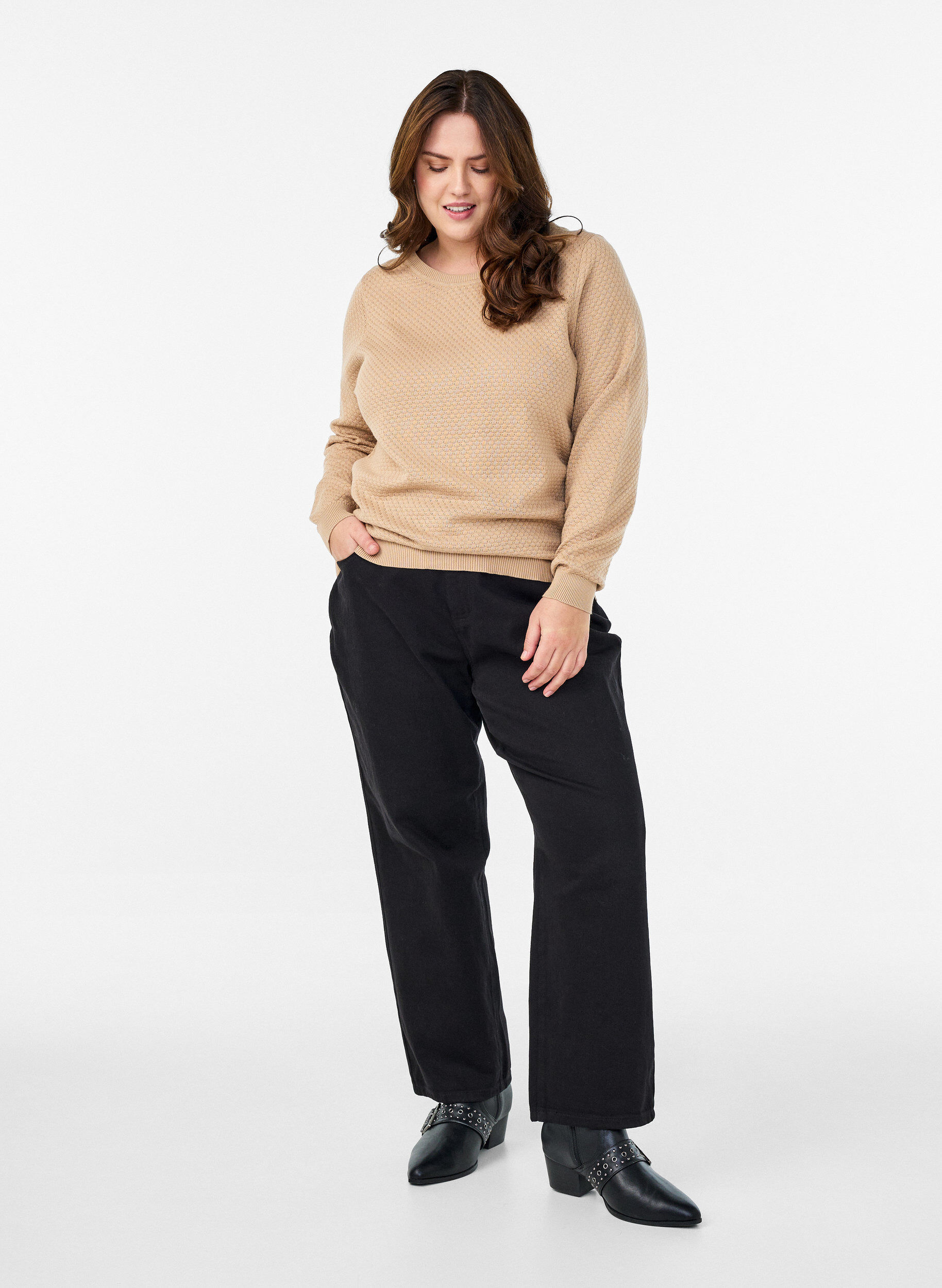 Zizzifashion Knit blouse in cotton with textured pattern, Beige, Model image number 1