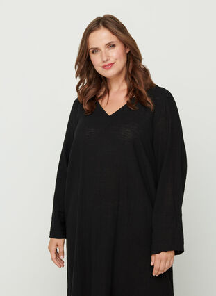 Long-sleeved cotton maxi dress, Black, Model image number 0