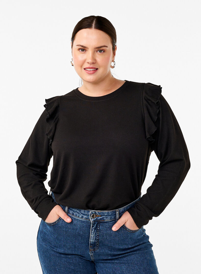 Long-sleeved blouse with ruffle details, Black, Model image number 0
