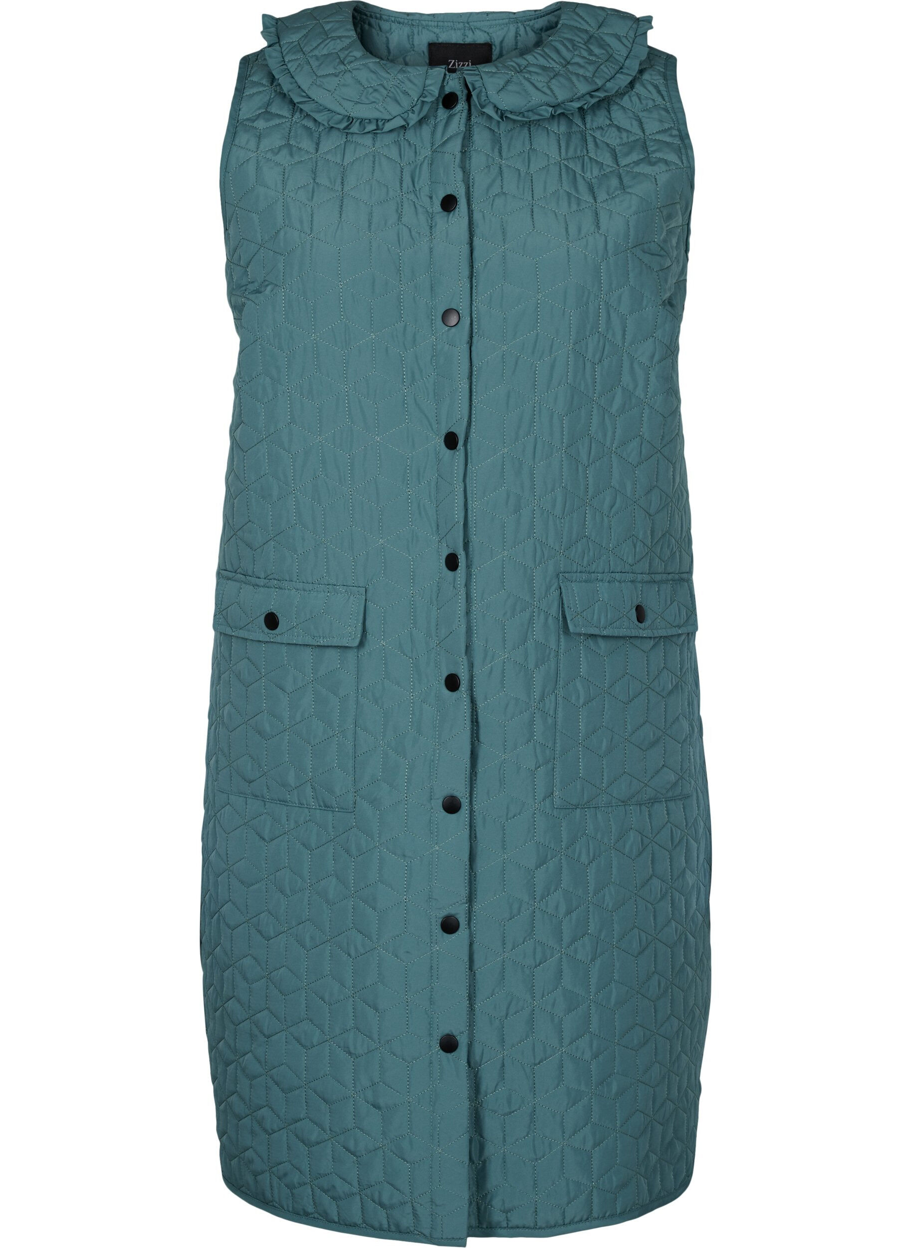 Zizzifashion Long quilted vest with collar and frills, Sagebrush Green, Packshot image number 0