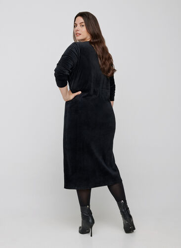 Long-sleeved velour midi dress, Black, Model image number 0