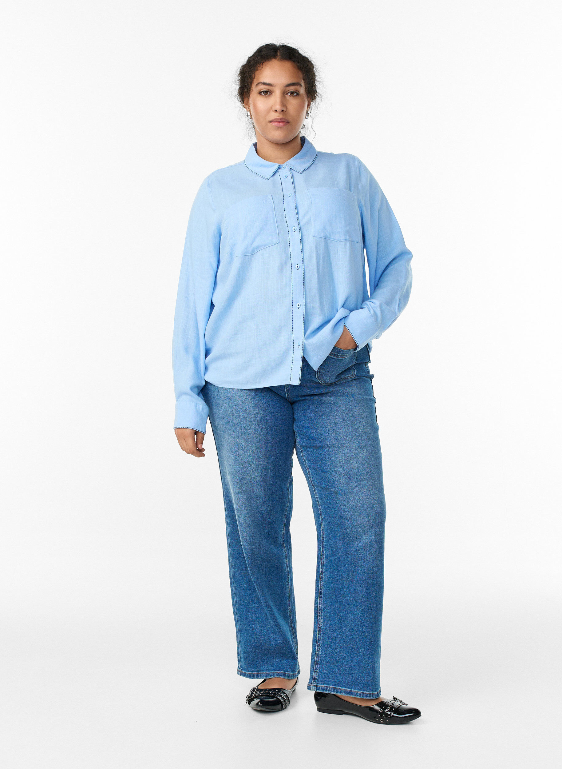 Zizzifashion Shirt with contrast stitching and chest pockets, Light Blue, Model image number 1