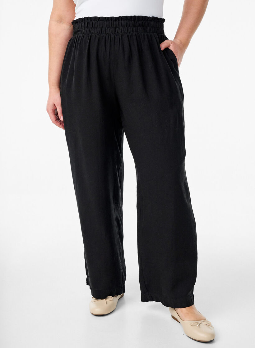 Loose trousers in linen and viscose, Black, Model image number 2